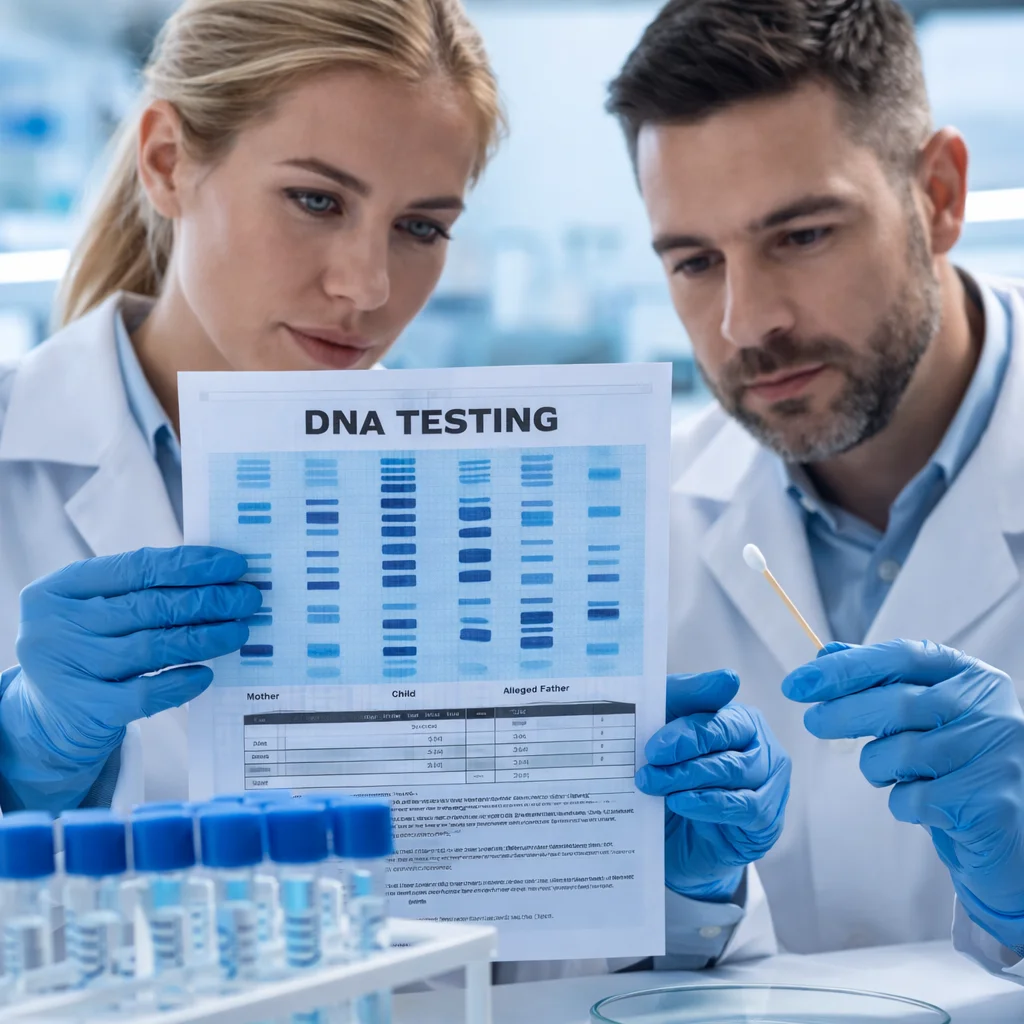 Two laboratory specialists analyzing DNA test report