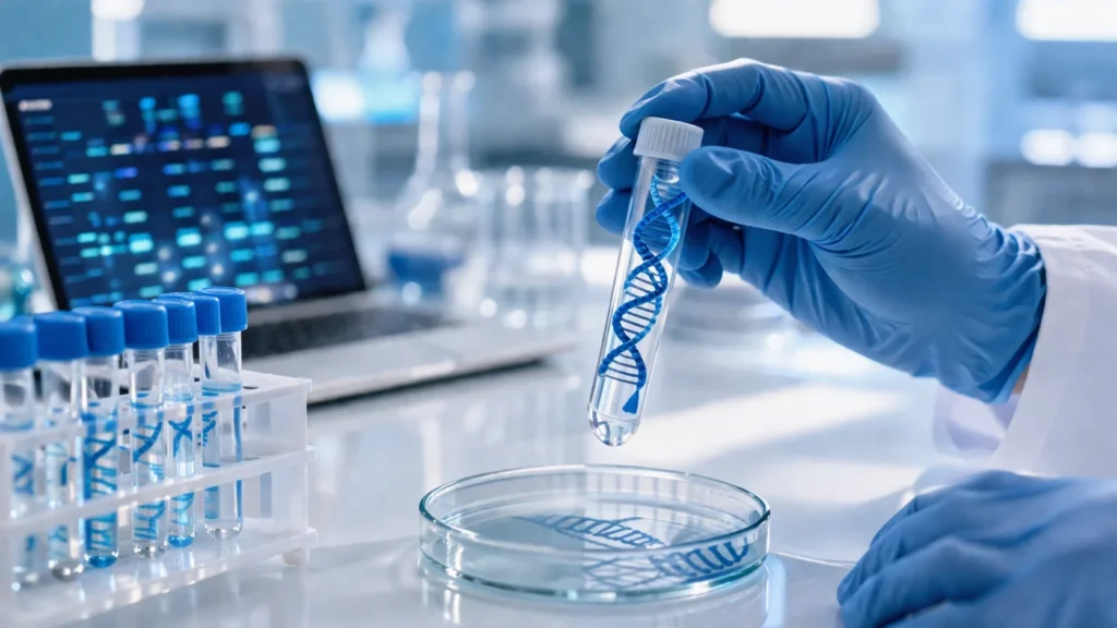 Laboratory specialist holding DNA sample tube for genetic testing